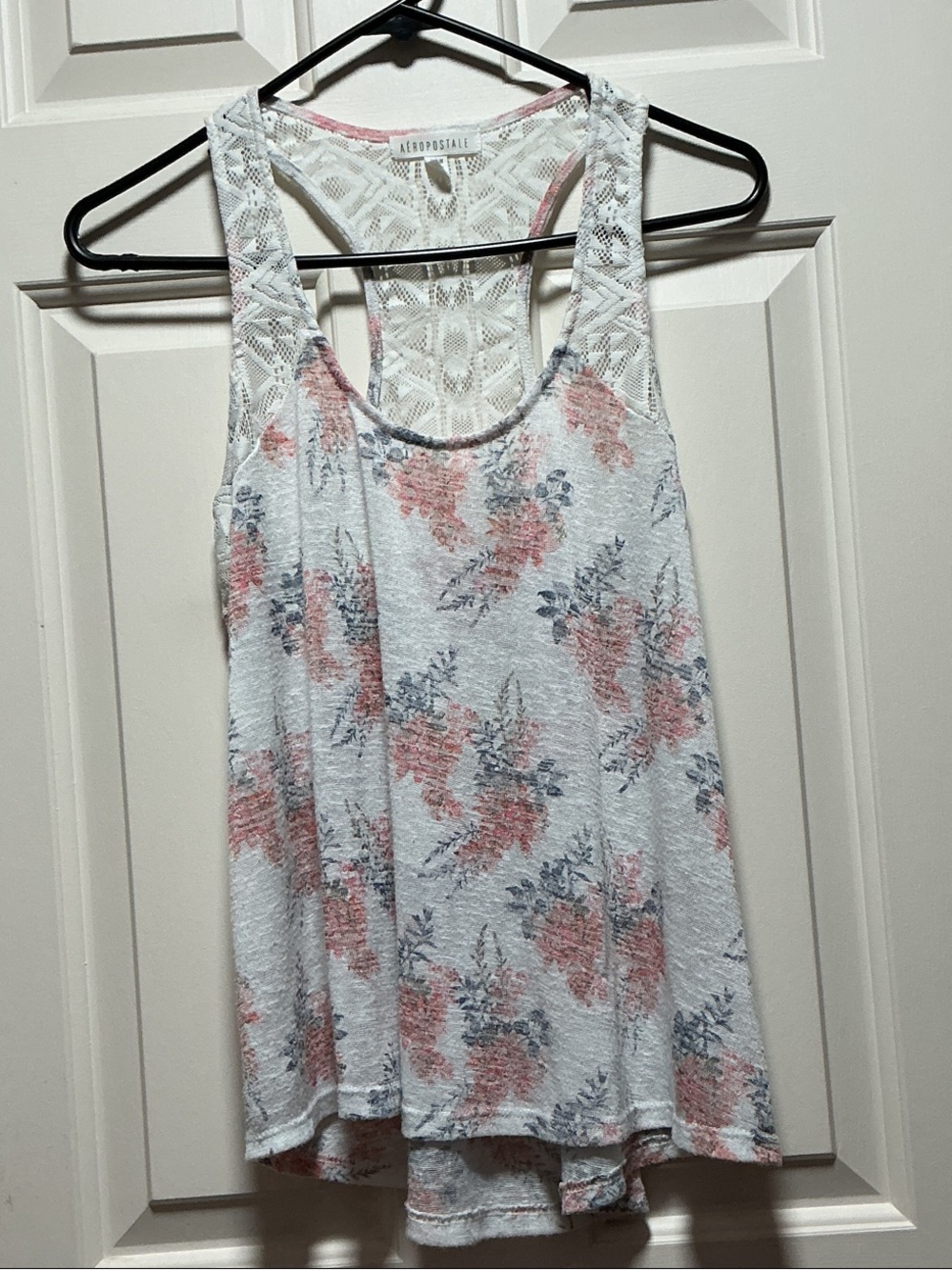 Aeropostale White Tank Top with Pink Floral & Gray Leaf Print